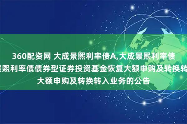 360配资网 大成景熙利率债A,大成景熙利率债C: 关于大成景熙利率债债券型证券投资基金恢复大额申购及转换转入业务的公告